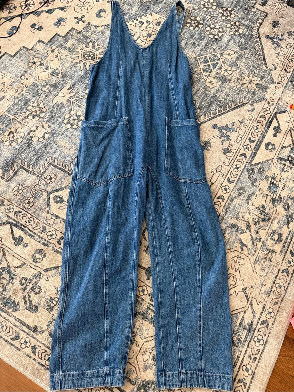 We The Free Blue Denim Wide-Leg Overalls